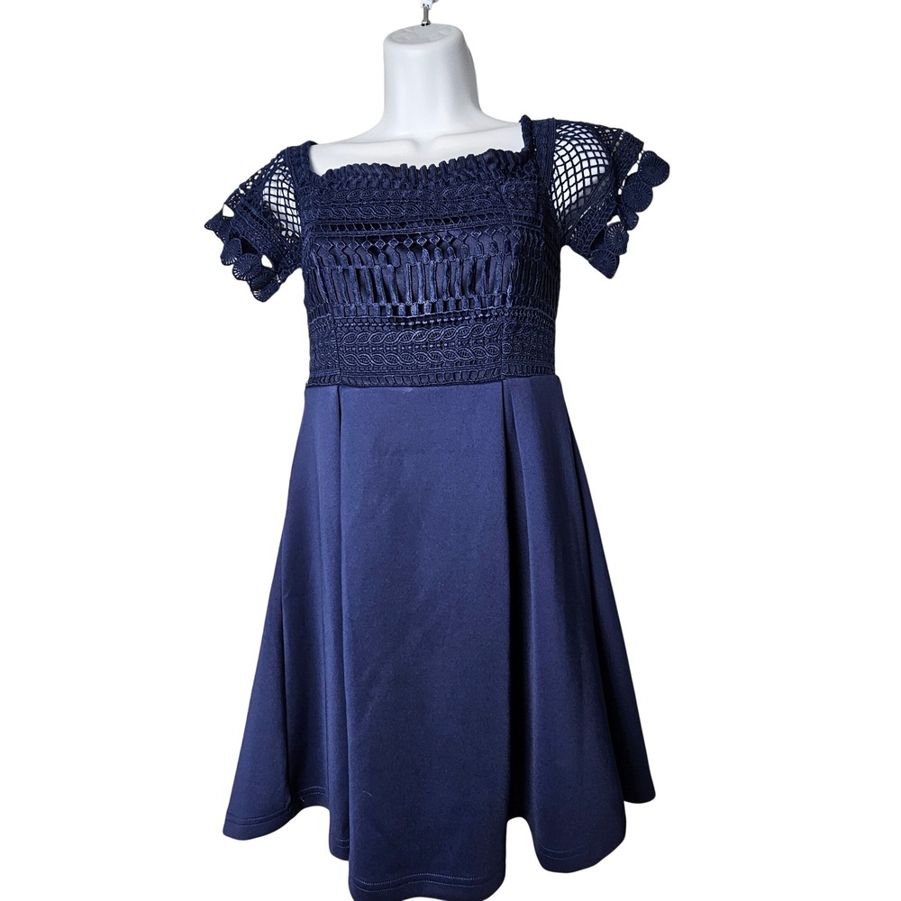 Francescas‎ Navy Blue Crocheted Lace Short Sleeve Dress XS Whimsical Romantic